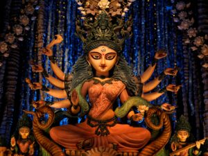Exquisite Durga idol depicting Bengali culture at Durga Puja festival in Kolkata, India.